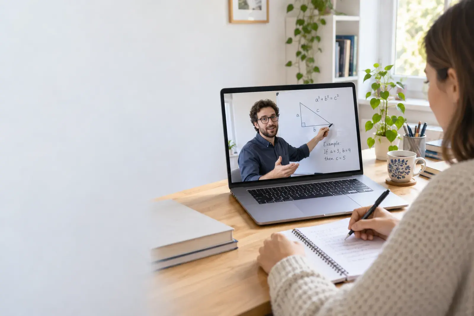 Illustrative online tutoring lesson: a tutor teaches on video while a learner takes notes